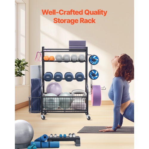 VEVOR Yoga Mat Storage Rack,Powder Coated Finish Steel Yoga Mat Holder, Home Gym Workout Equipment Organizer with Hooks & Wheels,Weight Rack for Foam