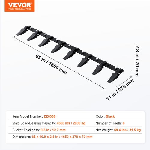 VEVOR 66'' Bucket Tooth Bar, Heavy Duty Tractor Bucket 8 Teeth Bar for Loader Tractor Skidsteer, 4560 lbs Load-Bearing Capacity Bolt On Design, for