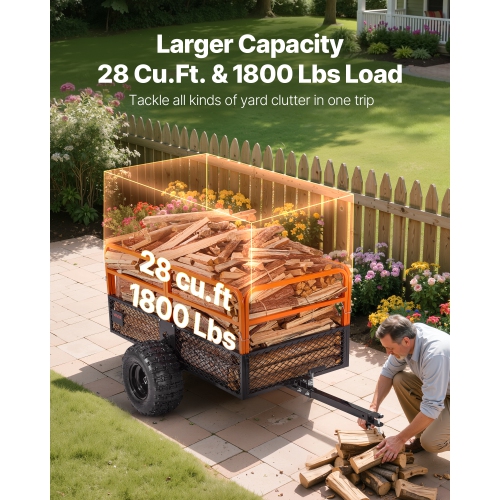 VEVOR 28 Cu. Ft. Garden Utility Trailer,1800lbs, ATV UTV Trailer, Tow Behind Steel Dump Trailers, Removable Rear Panel, Heavy Duty Pull Behind Yard