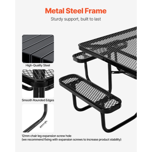 VEVOR 45.7 in Picnic Table, Outdoor Weather Resistant Patio Dining Furniture Set, Heavy Duty Coated Steel Tables with Umbrella Hole, Square Table and