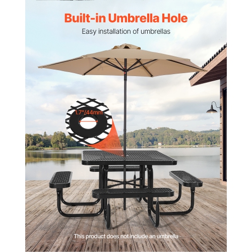 VEVOR 45.7 in Picnic Table, Outdoor Weather Resistant Patio Dining Furniture Set, Heavy Duty Coated Steel Tables with Umbrella Hole, Square Table and