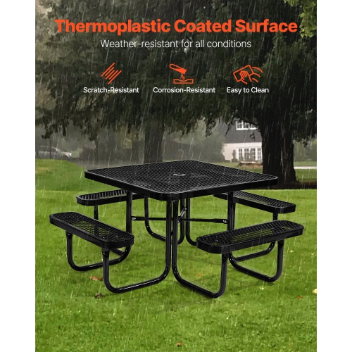 VEVOR 45.7 in Picnic Table, Outdoor Weather Resistant Patio Dining Furniture Set, Heavy Duty Coated Steel Tables with Umbrella Hole, Square Table and