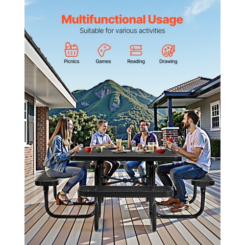 VEVOR 45.7 in Picnic Table, Outdoor Weather Resistant Patio Dining Furniture Set, Heavy Duty Coated Steel Tables with Umbrella Hole, Square Table and