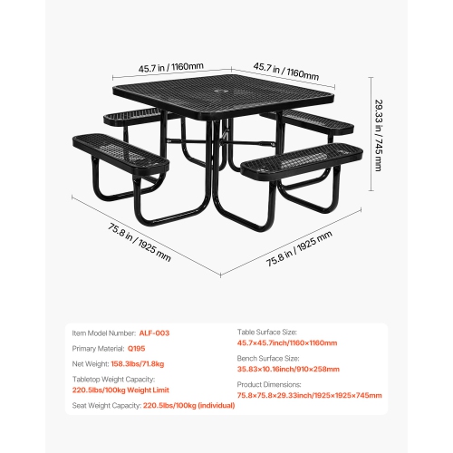 VEVOR 45.7 in Picnic Table, Outdoor Weather Resistant Patio Dining Furniture Set, Heavy Duty Coated Steel Tables with Umbrella Hole, Square Table and