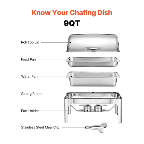 VEVOR 9Qt Roll Top Chafing Dish Buffet Complete Set, Stainless Steel Chafer with Full Size Pan, Rectangle Catering Warmer Server with Lid Water Pan