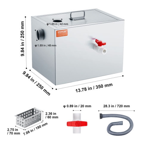 VEVOR 8 LBS Commercial Grease Trap, Grease Interceptor, Top Inlet Interceptor, Under Sink Stainless Steel Grease Trap, 2.8 GPM Waste Water Oil-water