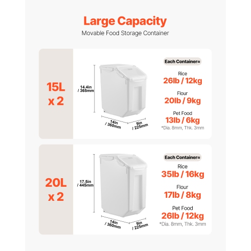 VEVOR 3.5Gal/15Lx2 + 4.5Gal/20Lx2 Rice Storage Container, Large Dog Food Dispenser Bin, Kitchen Ingredient Grain Cereal Bin, Pet food Containers with
