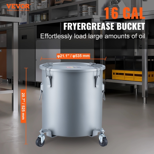 VEVOR 16 Gal Fryer Grease Bucket, Oil Disposal Caddy with Caster Base, Carbon Steel Rust-Proof Coating, Oil Transport Container with Lid, Lock Clips,