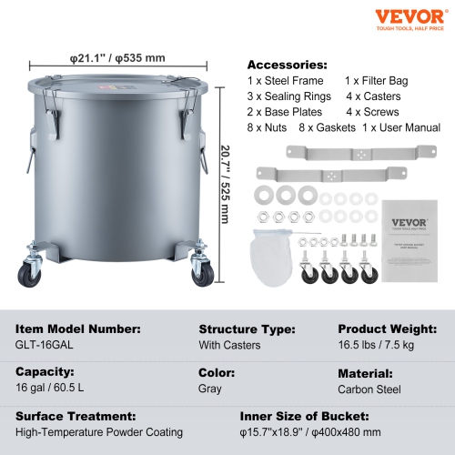VEVOR 16 Gal Fryer Grease Bucket, Oil Disposal Caddy with Caster Base, Carbon Steel Rust-Proof Coating, Oil Transport Container with Lid, Lock Clips,