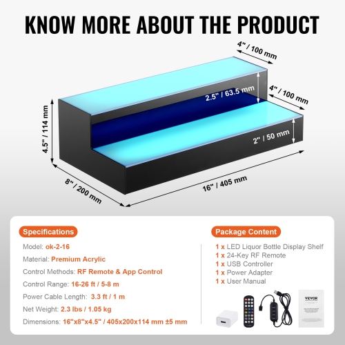 VEVOR 2 Tiers 16 Inch LED Lighted Liquor Bottle Display, Commercial Illuminated Home Bar Shelf, 2 Steps Whiskey Rack Stand, Acrylic Drink Shelves