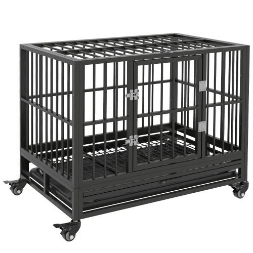 PAWHUT  Heavy Duty Steel Dog Crate Kennel Pet Cage \w Wheels for Portability And A Door for Convenient Access Anti-Pinching Floor, 36.2" L X 24.4" W
