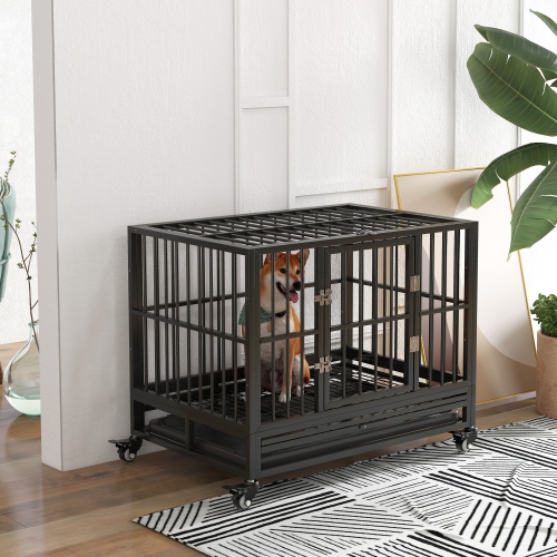 PawHut Heavy Duty Steel Dog Crate Kennel Pet Cage with Wheels for Portability and a Door for Convenient Access Anti-Pinching Floor, 36.2" L x 24.4" W