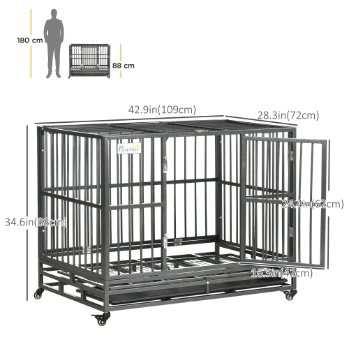 PawHut Heavy Duty Steel Dog Crate Kennel Pet Cage with Wheels for Portability and a Door for Convenient Access Anti-Pinching Floor, 36.2" L x 24.4" W