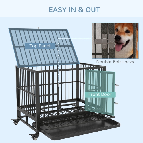 PawHut Heavy Duty Steel Dog Crate Kennel Pet Cage with Wheels for Portability and a Door for Convenient Access Anti-Pinching Floor, 36.2" L x 24.4" W