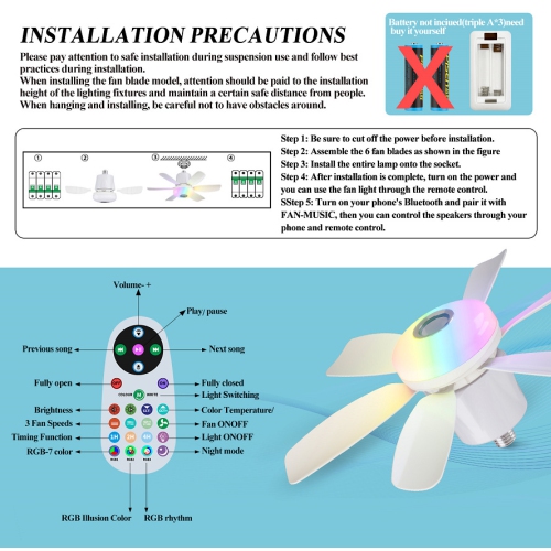 Smart Ceiling Fan with Light, Portable Hanging Fan, 7-Color Dimmable LED with Music, Socket Ceiling Fan for Bedroom, Tent, Indoor Use