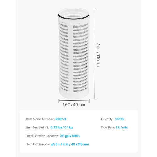 Paquet de 3 filtres à eau VEVOR, filtres à eau pour pichets et distributeurs, sans BPA, 3 derniers mois ou 211 gallons, réduction des odeurs,