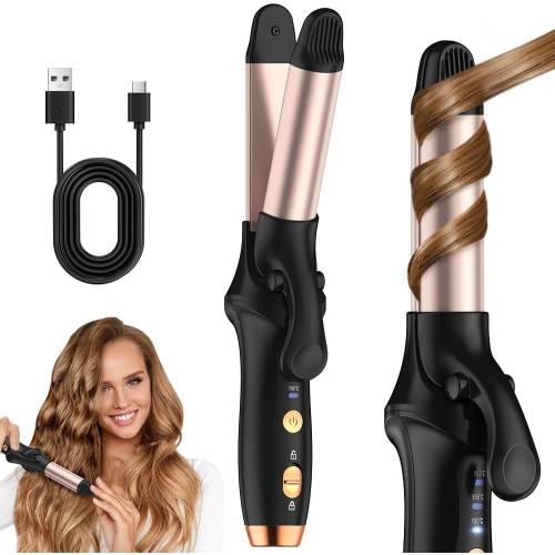 MYACUC  Portable Curling Iron, Cordless Rechargeable Curling Iron, Cordless Hair Curler, Travel Mini Flat Iron, Straightener And Curler 2 In 1 for Long