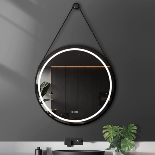 LUVODI 24" Round LED Bathroom Mirror with Lights Black Frame Adjustable Strap Illuminated Bathroom Mirror with Demister, Touch Sensor Switch Large