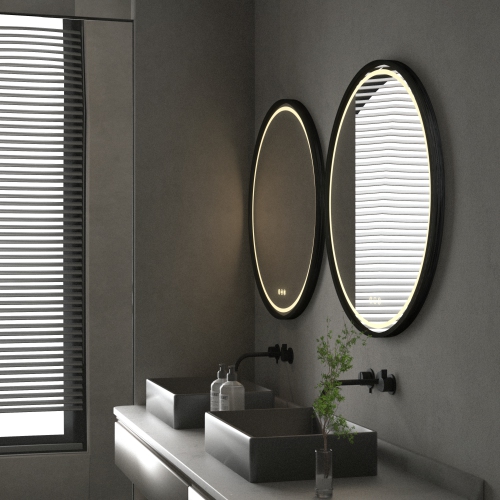 LUVODI 24" Round LED Bathroom Mirror with Lights Black Frame Adjustable Strap Illuminated Bathroom Mirror with Demister, Touch Sensor Switch Large