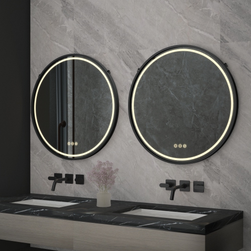 LUVODI 24" Round LED Bathroom Mirror with Lights Black Frame Adjustable Strap Illuminated Bathroom Mirror with Demister, Touch Sensor Switch Large