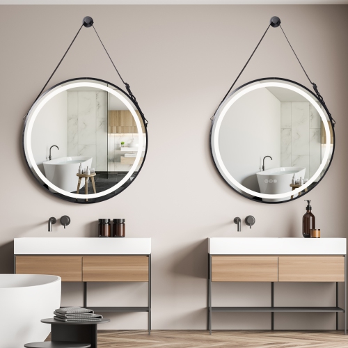 LUVODI 24" Round LED Bathroom Mirror with Lights Black Frame Adjustable Strap Illuminated Bathroom Mirror with Demister, Touch Sensor Switch Large