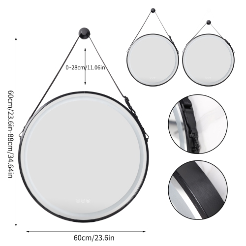 LUVODI 24" Round LED Bathroom Mirror with Lights Black Frame Adjustable Strap Illuminated Bathroom Mirror with Demister, Touch Sensor Switch Large