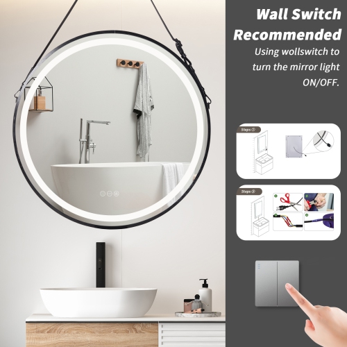 LUVODI 24" Round LED Bathroom Mirror with Lights Black Frame Adjustable Strap Illuminated Bathroom Mirror with Demister, Touch Sensor Switch Large