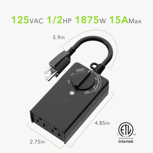 BN-LINK Outdoor 24-Hour Timer with Photocell Light Sensor, Water Resistant Photoelectric Countdown Timer(2, 4, 6 or 8 Hours Mode), Weatherproof, Black