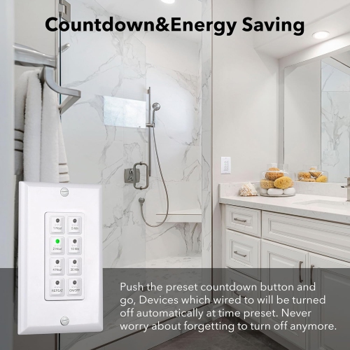 BN-LINK Digital Wall Timer – Push-button countdown for exhaust/bathroom fans. Neutral required, wall plate, white.