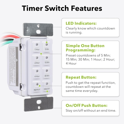 BN-LINK Digital Wall Timer – Push-button countdown for exhaust/bathroom fans. Neutral required, wall plate, white.