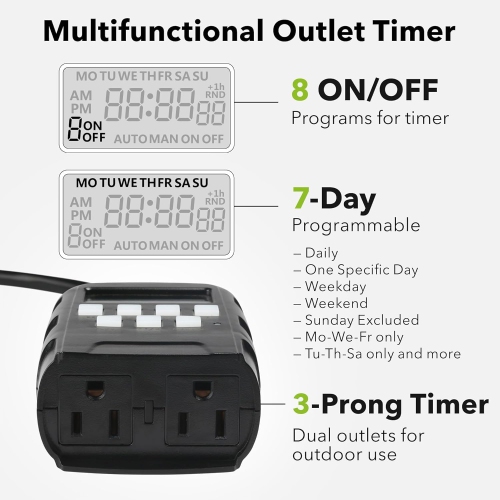 BN-LINK 7 Day Outdoor Heavy Duty Digital Programmable Timer, 125VAC, 60Hz, Dual Outlet, Weatherproof, Accurate for Lamps Ponds Christmas Lights 1875W