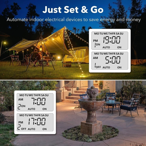 BN-LINK 7 Day Outdoor Heavy Duty Digital Programmable Timer, 125VAC, 60Hz, Dual Outlet, Weatherproof, Accurate for Lamps Ponds Christmas Lights 1875W