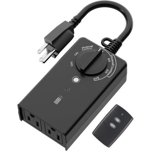 BN-LINK – Minuterie d'éclairage extérieur étanche 15&nbsp;A, minuterie à rebours avec capteur de lumière enfichable de 24 heures, télécommande