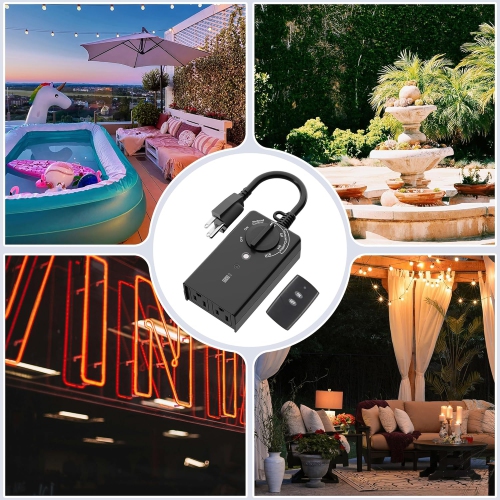 BN-LINK Outdoor Light Timer Waterproof 15A, 24-Hour Plug in Light Sensor Countdown Timer, 100ft Range Remote Control, Black