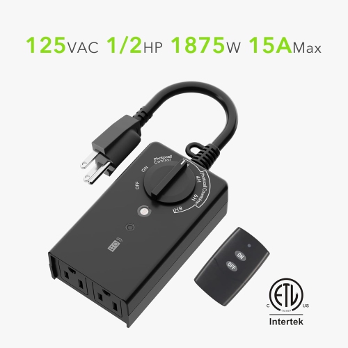 BN-LINK Outdoor Light Timer Waterproof 15A, 24-Hour Plug in Light Sensor Countdown Timer, 100ft Range Remote Control, Black