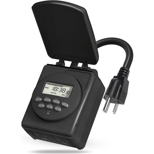 BN-LINK  7 Day Outdoor Heavy Duty Digital Programmable Timer, Dual Outlet, Weatherproof, 1875W 1/2HP, Etl Listed In Black