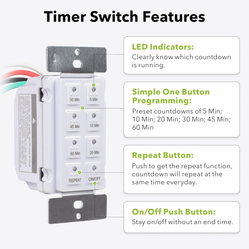 BN-LINK Countdown Digital in-Wall Timer Switch with Push Button 5-10-20-30-45-60mins, for Bathroom Fan,in-Wall Light Timer, Neutral Required, Free