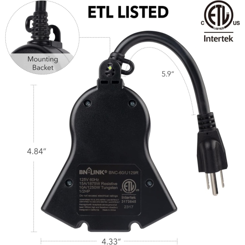 BN-LINK Outdoor 24-Hour Water Resistant Photoelectric Countdown Timer Photocell Light Sensor, Black