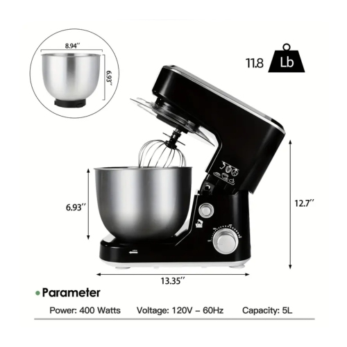 Batteur sur socle à tête inclinable de 5 pte avec bol en acier inoxydable, crochet pétrisseur, fouet et pare-éclaboussures – idéal pour la cuisson et