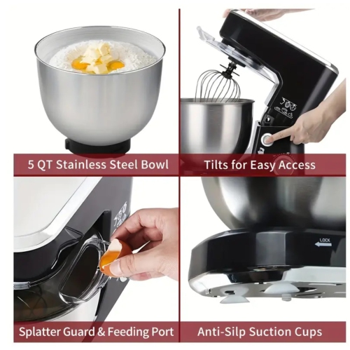 Batteur sur socle à tête inclinable de 5 pte avec bol en acier inoxydable, crochet pétrisseur, fouet et pare-éclaboussures – idéal pour la cuisson et