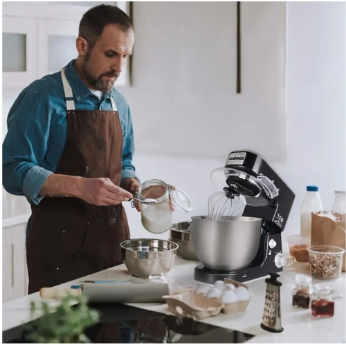 Batteur sur socle à tête inclinable de 5 pte avec bol en acier inoxydable, crochet pétrisseur, fouet et pare-éclaboussures – idéal pour la cuisson et