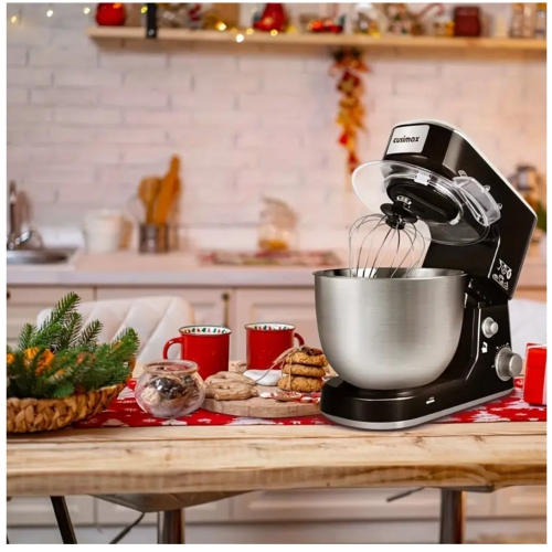 Batteur sur socle à tête inclinable de 5 pte avec bol en acier inoxydable, crochet pétrisseur, fouet et pare-éclaboussures – idéal pour la cuisson et