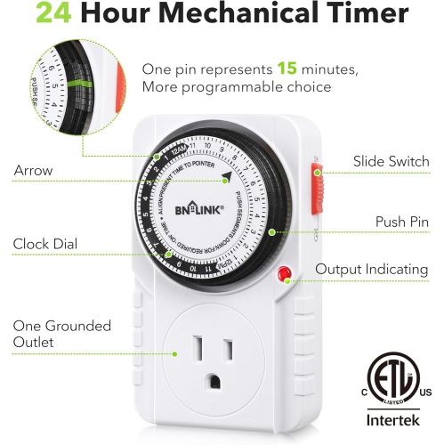 BN-LINK 24 Hour Plug-in Mechanical Timer Grounded for Aquarium, Grow Light, Hydroponics, Indoor Lighting, Home Appliances, 60 Hz, 1875W, 15A, 1/2HP,