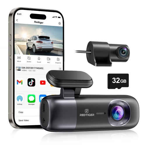 REDTIGER  Dash Cam 4K Front And Rear 1080P, 64GB Card, 5.8 Ghz Wi-Fi & Gps