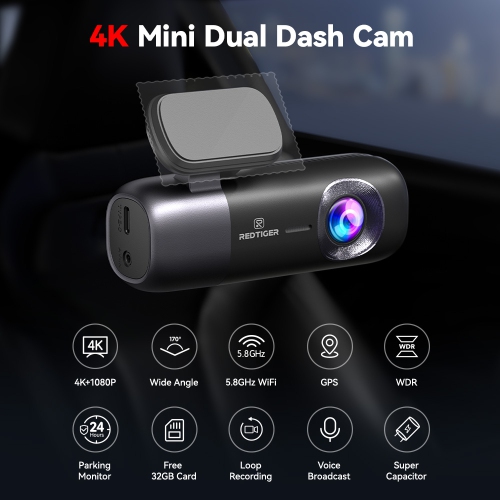 REDTIGER Dash Cam 4K Front and Rear 1080P, 64GB Card,5.8 GHz Wi-Fi & GPS