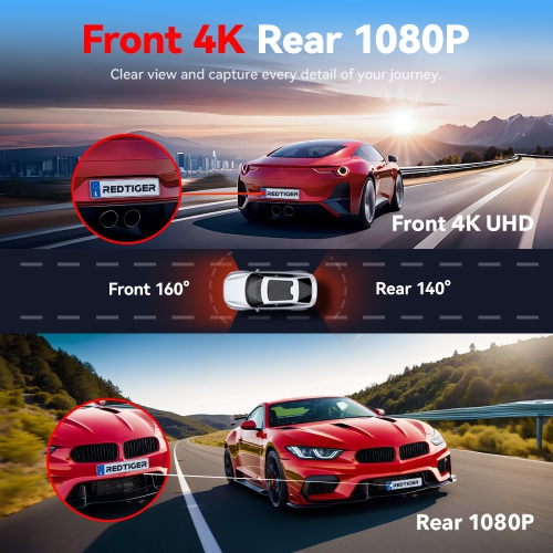 REDTIGER A4 Dash Cam Front and Rear 4K Dash Cam, 5.8GHz WiFi, Touch Screen