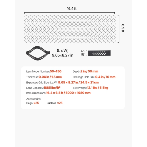 VEVOR 2 Inch Depth Gravel Grid, 16.4 x 6.5 FT / 5000 x 1980 mm, 1880 LBS Per Sq ft, Permeable Geo Grids Driveway Stabilization, for Garden, Patio,