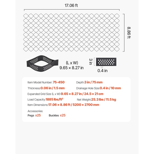 VEVOR 3 Inch Depth Gravel Grid, 17.06 x 8.86 FT / 5200 x 2700 mm, 1880 LBS Per Sq ft, Permeable Geo Grids Driveway Stabilization, for Garden, Patio,
