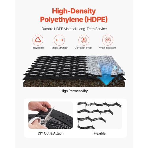 VEVOR 2 Inch Depth Gravel Grid, 17.06 x 8.86 FT / 5200 x 2700 mm, 1880 LBS Per Sq ft, Permeable Geo Grids Driveway Stabilization, for Garden, Patio,