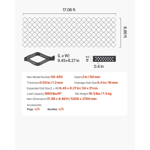 VEVOR 2 Inch Depth Gravel Grid, 17.06 x 8.86 FT / 5200 x 2700 mm, 1880 LBS Per Sq ft, Permeable Geo Grids Driveway Stabilization, for Garden, Patio,